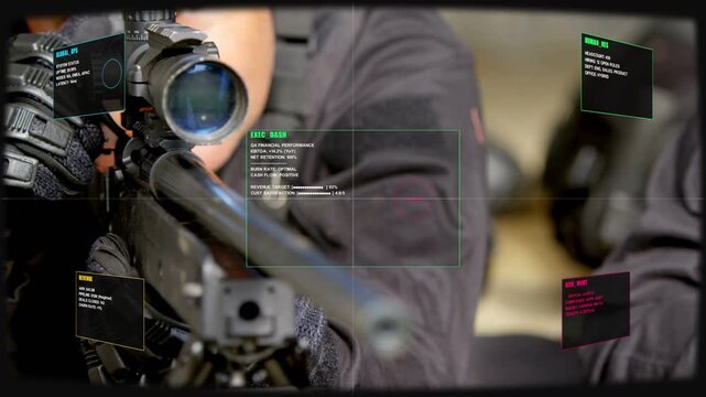 Operator raising rifle to eye, engaging HUD overlays and reticle, calibrating scope for training