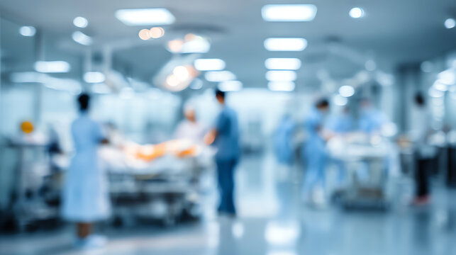 Blurred image of a hospital scene with medical professionals attending to a patient in an operating room.