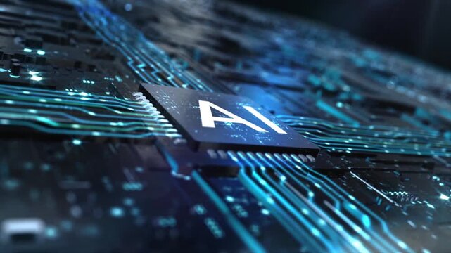 AI chip connects to motherboard, emitting light to activate the circuit board. The whole system ignites, releasing particles and dynamic lines. Shocking tech 3D animation.