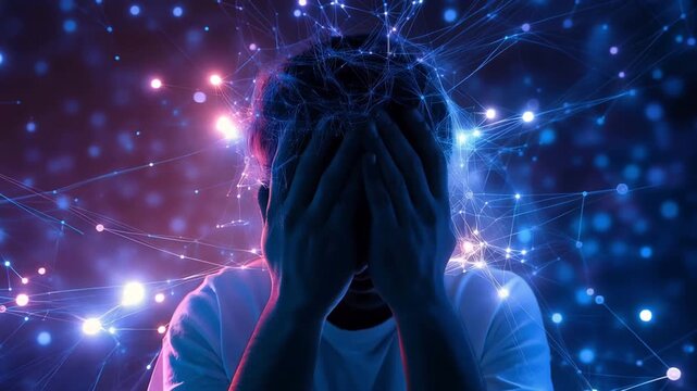In the middle of a brilliant digital network, an overwhelmed guy covers his face with his hands. Conceptual illustration of cyber stress and information overload
