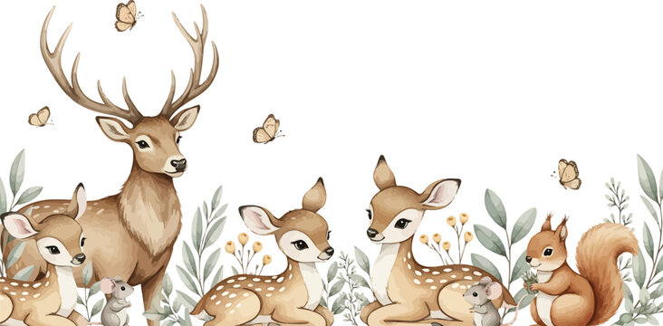 Watercolor forest animals deer fawns squirrel mice butterflies leaves nursery wall art illustration vector background
