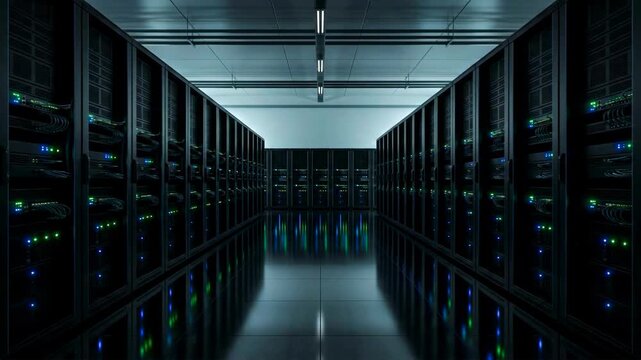 Data center server room corridor glowing lights slow motion cinematic 4K