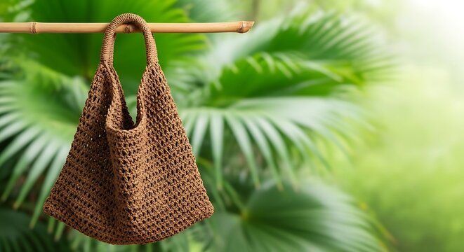 Brown Woven Handmade Bag Hanging on Bamboo Pole in Tropical Setting