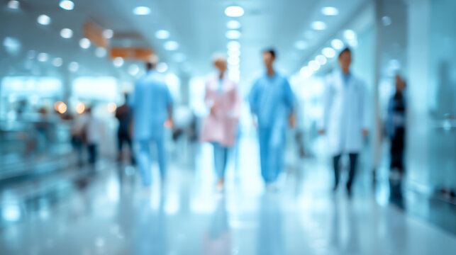 Blurred image of healthcare professionals walking through a modern hospital corridor, symbolizing teamwork and care.