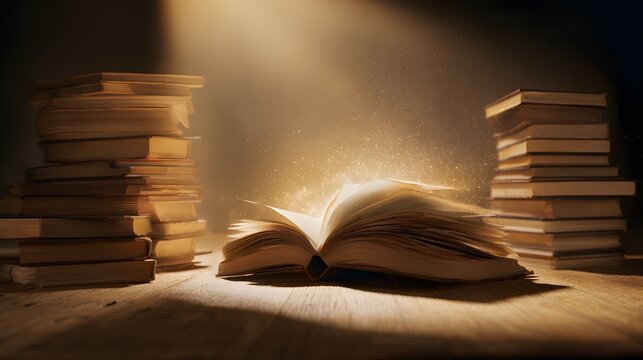 Golden light illuminates open book amidst towering volumes a symbol of knowledge discovery and timeless learning