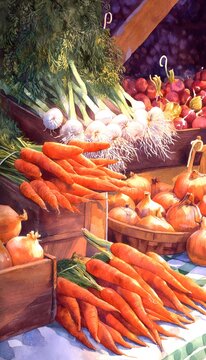 Rustic market vegetables watercolor illustration soft light calm textures balanced composition serene scene