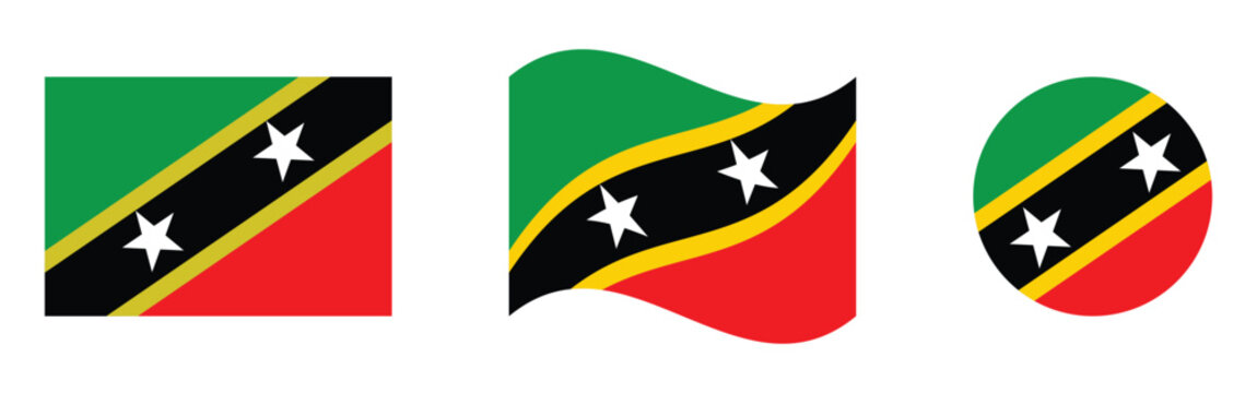 Saint Kitts and Nevis Flag Set Flat, Waving, and Circular Shapes Vector Illustration