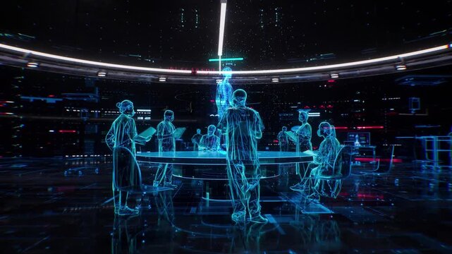 3D animation of future AI medicine: physicians analyze conditions via patient body models, microscope exams, and holograms. Holographic images enable collaborative diagnosis.