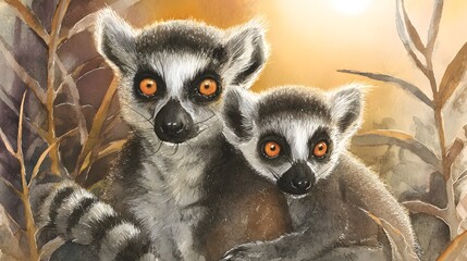 Fototapeta premium Expressive Lemurs Watercolor Illustration Forest Sunlight Gentle Wildlife Artful Detail Serene Nature Scene