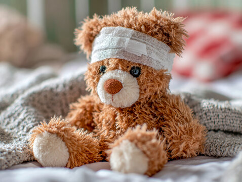 Soft brown teddy bear wearing a white gauze bandage on its head sitting on a cozy textured blanket on a bed in a softly lit bedroom setting