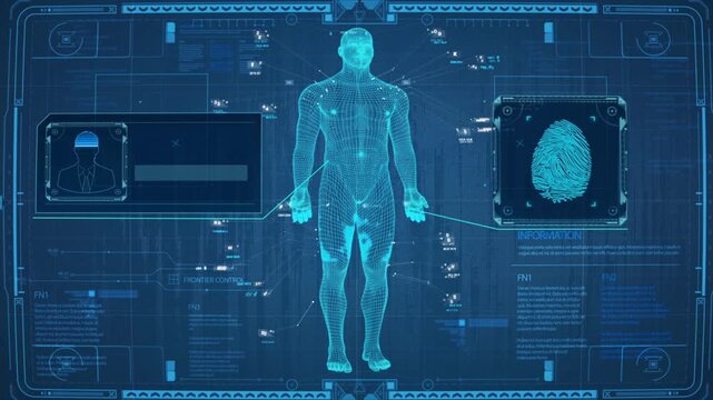 3D animation: human scan, futuristic HUD, big data privacy, fingerprint ID. Dynamic user interface for scan diagnosis and health intelligence.