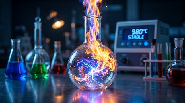 Plasma energy reaction inside glass flask in science laboratory