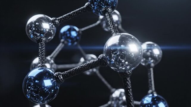 A close-up view of a molecular structure with shiny spheres connected by dark, textured lines against a dark background