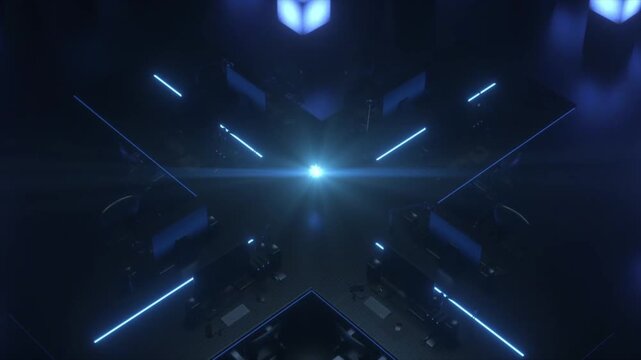AI chip falls into future city, polymer bursts energy and shock waves, chip emits light. Affects entire city operations. Smart city AI tech. 3D render.