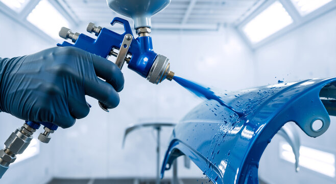 Professional auto painter spraying blue paint onto a car body panel. Worker hand in glove using a pneumatic spray gun in a brightly lit booth. Automotive refinishing process