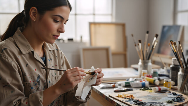 Female artist cleaning a paintbrush with a paper towel in her studio. Young woman wearing a paint splattered smock working at a messy table with palette and art supplies