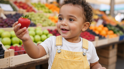 Fototapeta premium Happy toddler boy holding a fresh strawberry at fruit market. Cute little kid in yellow overalls shopping for healthy organic produce