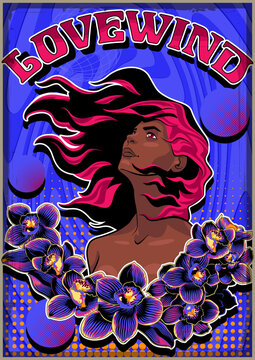 Beautiful Woman Psychedelic Art Poster Set. Art Nouveau Decorative Frame, Flowers, Abstract Backgrounds, 1960s Psychedelic Colors