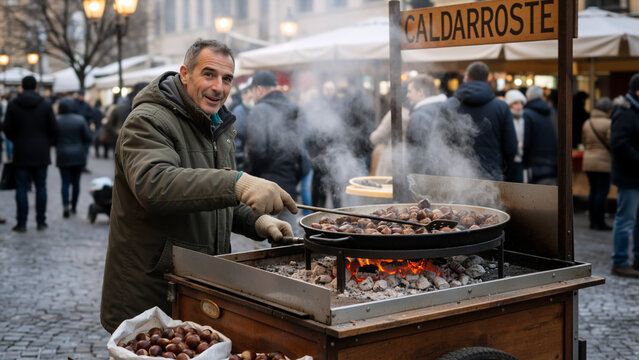 Smiling street vendor roasting chestnuts on a fire cart. Middle aged man cooking traditional winter street food at outdoor market