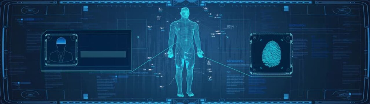 Human body scan with futuristic dynamic UI elements. Big data scan diagnosis, privacy information, fingerprint identification. Widescreen 3D animation of health technology.