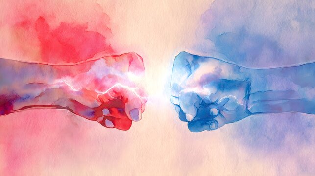 Global Conflict and Balance Symbolic Watercolor Illustration of Opposing Forces