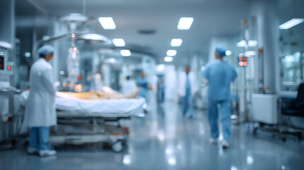 Fototapeta premium Blurred view of a busy hospital corridor with medical staff attending to patients and equipment in use.