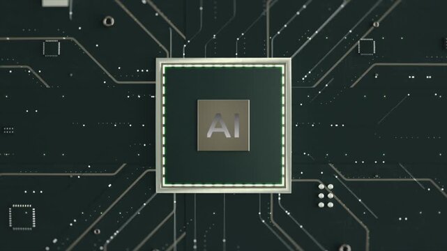 Light and particles flow from the motherboard to the chip, activating it to connect with the dark board. The word "AI" slowly appears as the chip emits red light. 3D animation.