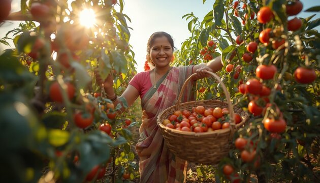 ​A joyful Indian female farmer in a traditional saree picking ripe red organic tomatoes in a sunny field.