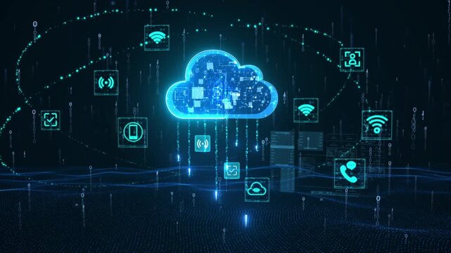 3D animation: binary data flows into cloud for AI analysis. IoT, WiFi, digital brain big data, and artificial intelligence drive future computing networks.