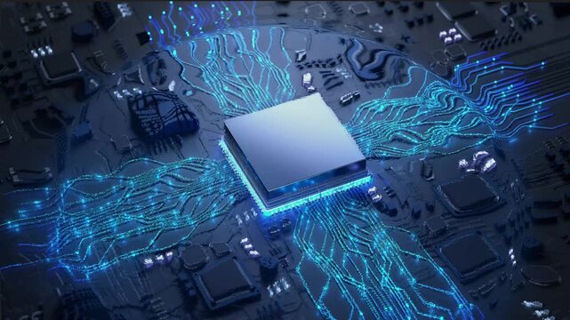 Chip connects to motherboard. It emits light to link with and activate circuit board, triggering the whole system to emit particles and lines. Shocking tech 3D animation.