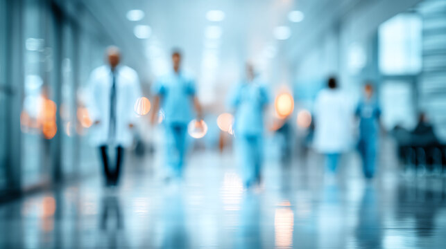 Blurry image of medical professionals walking in a hospital corridor, illustrating teamwork in healthcare.