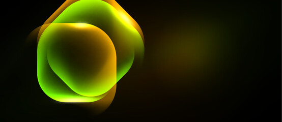 Naklejka premium Abstract glowing shapes overlap, creating vibrant yellow, green hues against dark background. Modern design element.