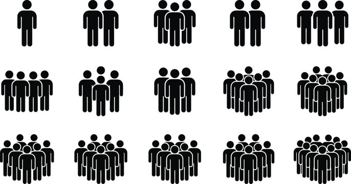 People and crowd icon set, human figures and group silhouettes vector