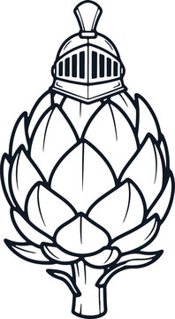 Artichoke vegetable with knight helmet on transparent background.