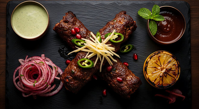 Chapli Kebab Platter: Pakistani Skewered Meat with Dips and Garnish