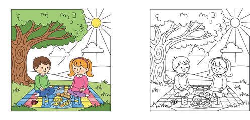 Fototapeta premium Kids Having a Picnic Under a Large Tree Illustration, Children Outdoor Leisure Activity Coloring Book Page for Kids, Fun Summer Picnic with Food and Drinks Vector Art for Activity Sheets