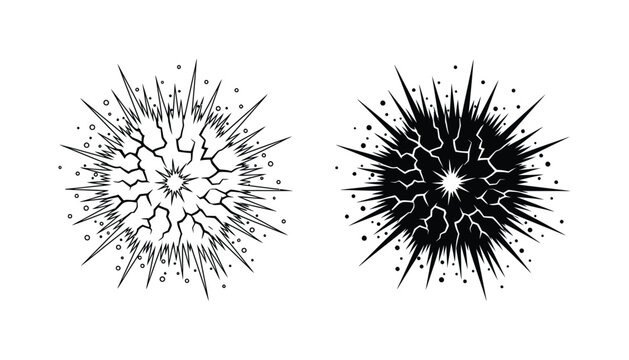 Set of two starburst explosion icons with crackling effect in minimal line art and solid black silhouette style for comic book action graphics