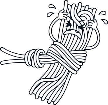 Sad cartoon spaghetti bunch tied up and crying with stress on transparent background.