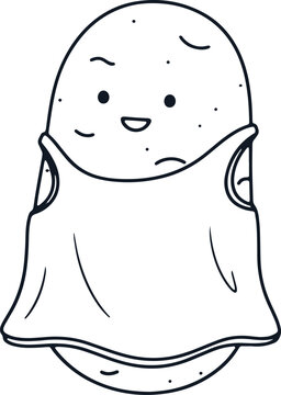 Cute ghost character wearing sheet with happy smile on transparent background.