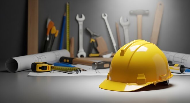 Yellow construction helmet on a workbench with various tools and blueprints hard hat construction