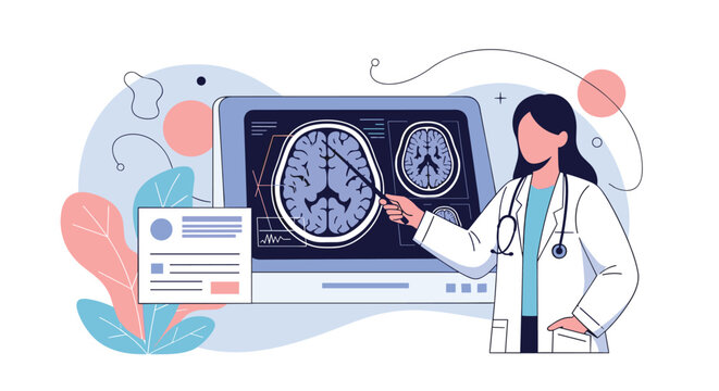 Female doctor in a white lab coat uses a pointer to explain human brain scans displayed on a large medical monitor in a clinic.