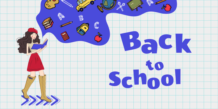 Colorful back to school illustration featuring a young student reading, surrounded by educational icons like books, globe, and stationery on a grid background.