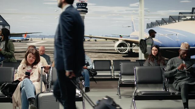 Man bumping into woman while pushing trolley, navigating crowded airport hallway. Travelers clashing luggage while rushing through busy transportation hub to catch plane, camera A