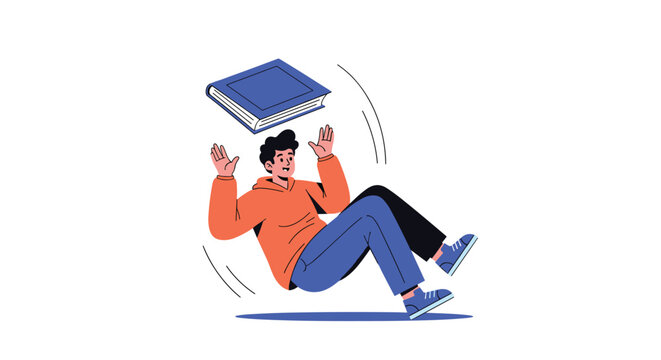 Young man in an orange hoodie slipping and falling backwards with a book flying in the air indicating a sudden accident.