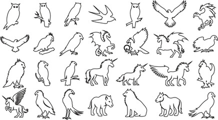 Obraz premium Collection of sketchy mythological creatures and birds in a grid layout