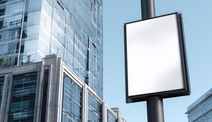 Fototapeta premium Blank digital billboard mounted on pole against modern glass building