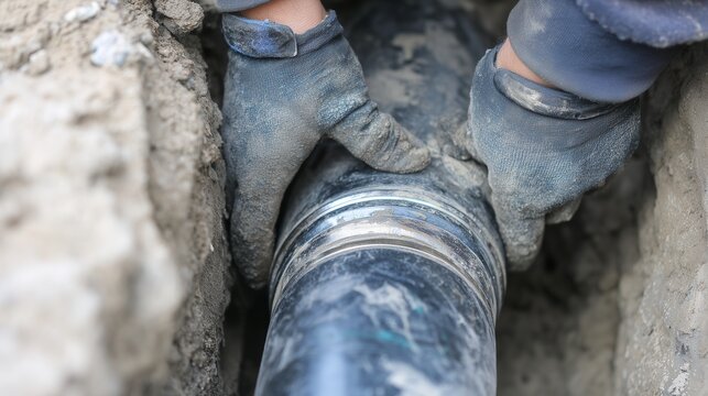 Worker repairing underground sewer pipe using trenchless pipe lining technique in a narrow excavation with gloved hands guiding a jointed pipe section.