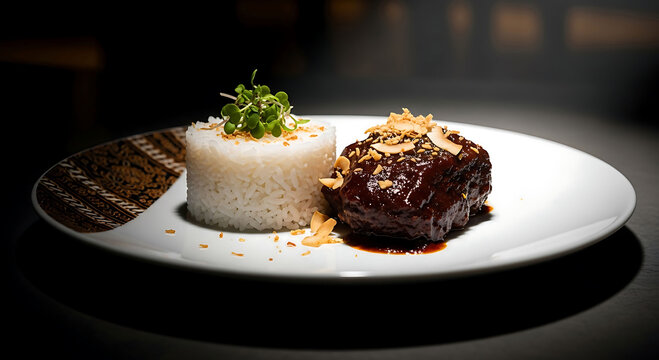 gourmet beef rendang with coconut rice quenelle on modern plate