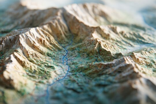 Detailed topographic map with raised terrain showing mountain ridges and valleys for outdoor adventure planning and geographic study purposes