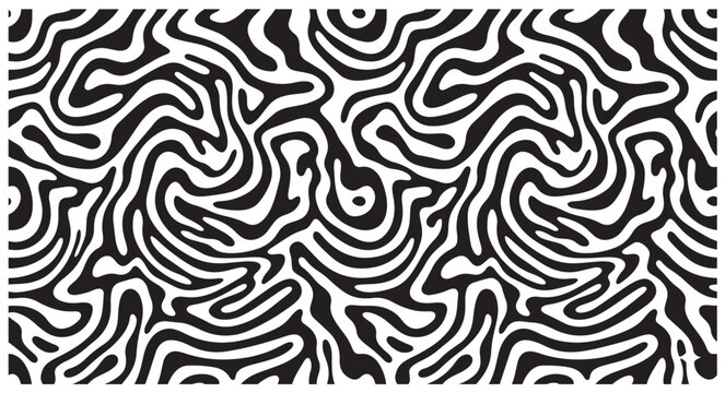 Black and white abstract pattern with swirling lines and shapes in a maze like design